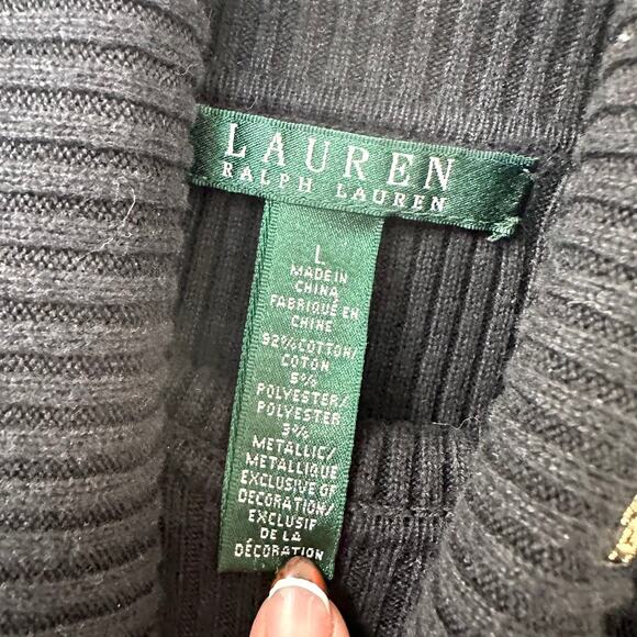 Lauren Ralph Lauren Black Gold Stripe Turtleneck Sweater Women L Cotton Classic - Picture 3 of 6